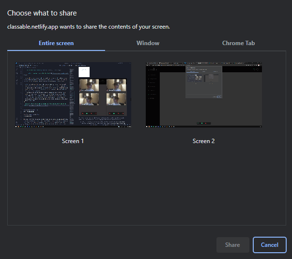 Browser share screen pop-up askin user to choose which screen to share.